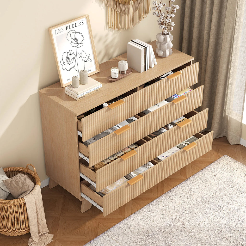 Fluted Wooden 6 Drawer Dresser Cabinet Wide Modern Chest of Drawers with Gold Metal Handles