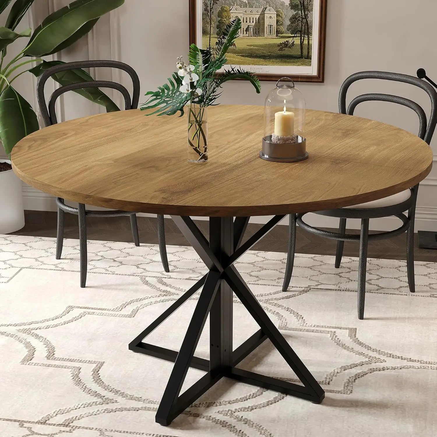 47" Round Dining Table for 4, Wood Top & Heavy-Duty Metal Pedestal