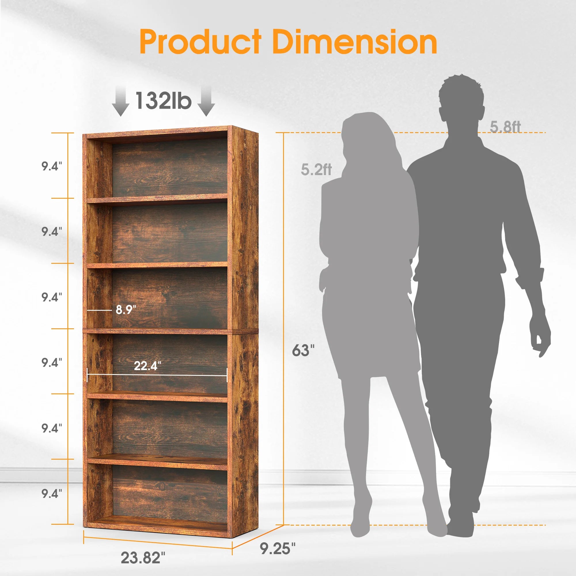 6 Shelf Bookcase Wooden Large 63 Inch Tall Bookcase Standing Open Book Shelf Organizer Adjustable Display