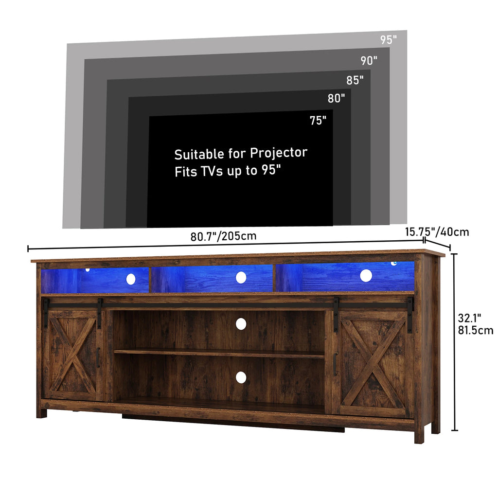 TV Stand Farmhouse Cabinet Rustic Sliding Barn Door Storage Cabinet with Power Outlet & LED Light