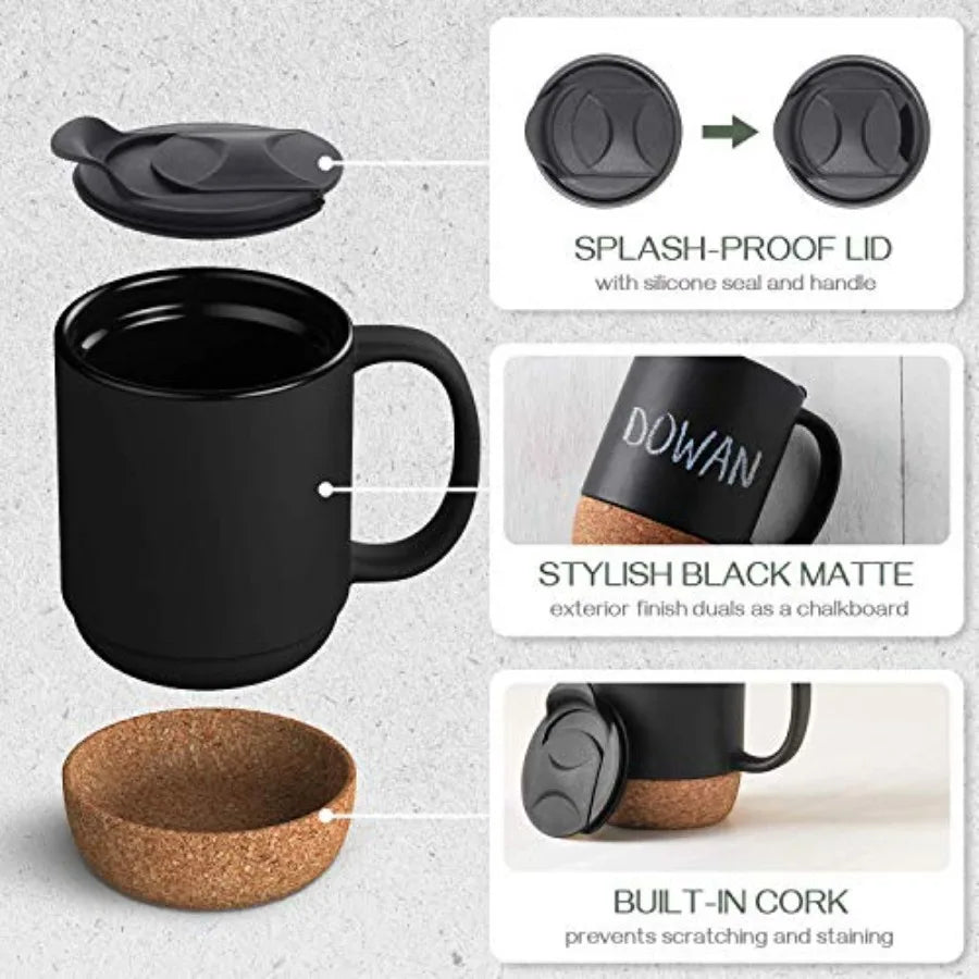 Coffee Mugs, 15 oz Mug Set of 2, Large Ceramic Coffee Mug with Cork Bottom and Spill Proof Lid