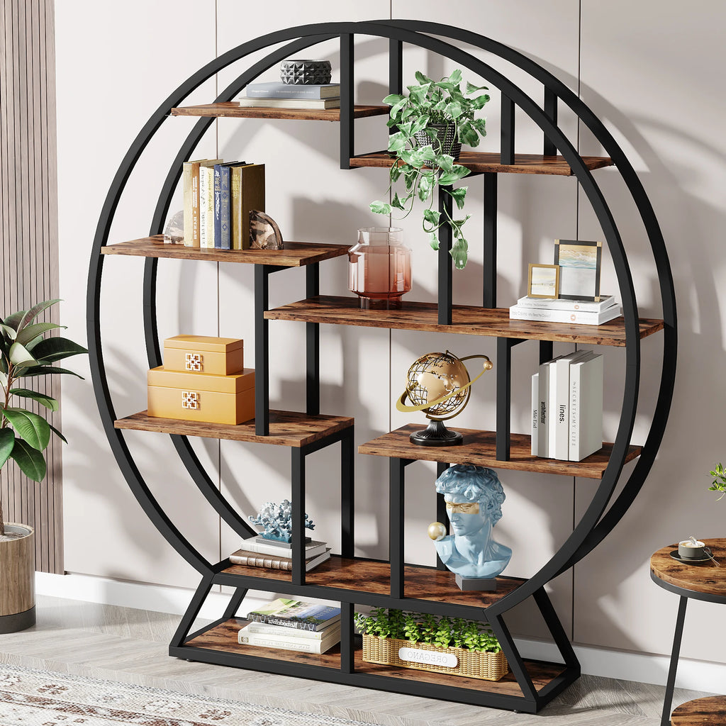 Round Bookshelves Etagere Bookcase, 63-Inch Industrial Wood Book Shelf with Staggered Shelves