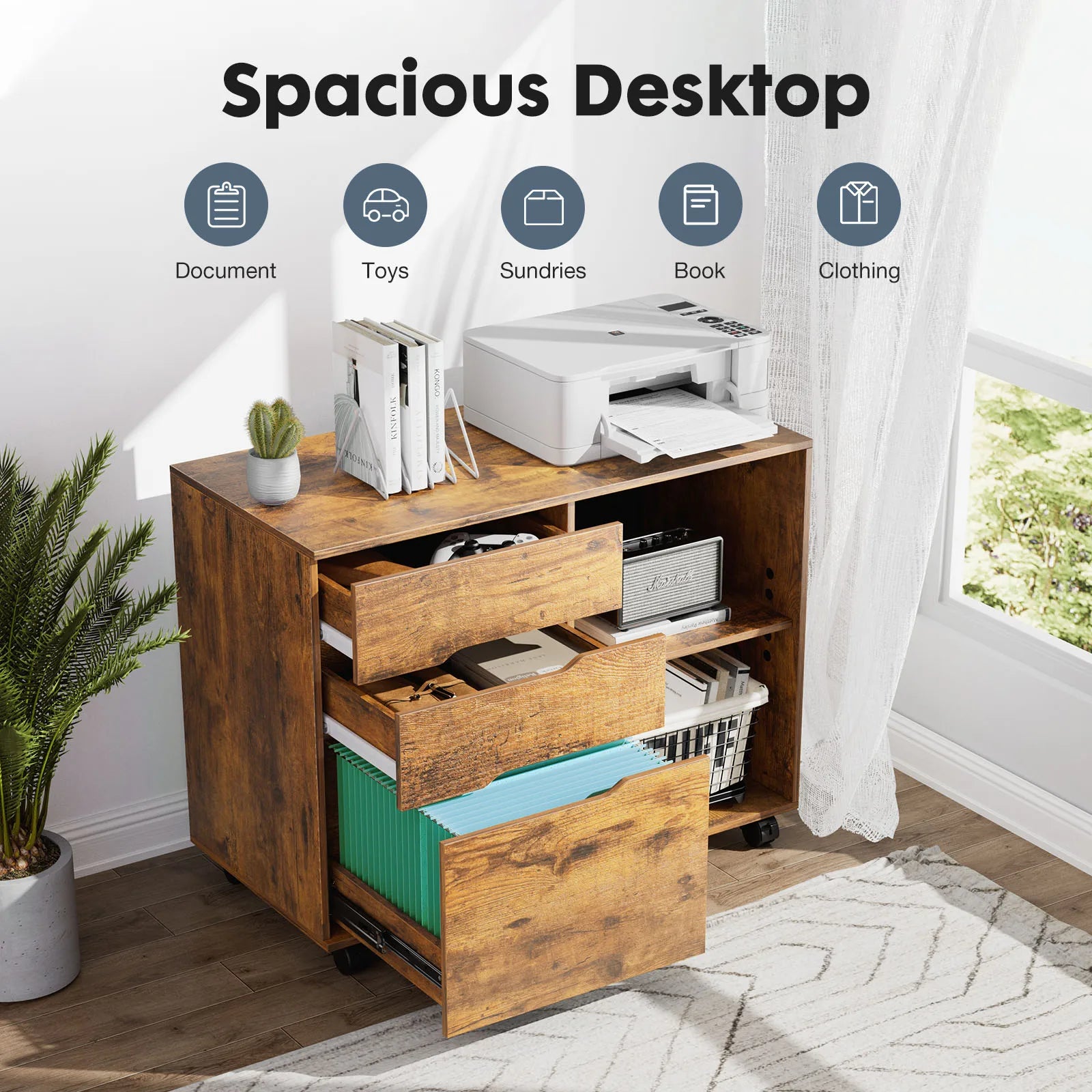 3 Drawers Wooden Mobile Cabinet Chest Dressers wood Storage Cabinet Organizer Rolling Display Furniture