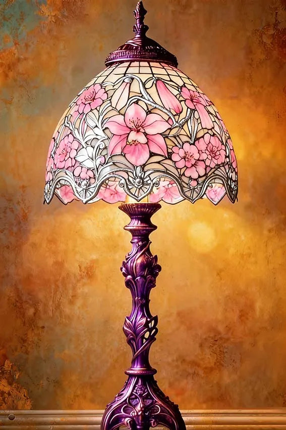 Elegant Vintage Floral Glass Table Lamp Metal Sign Warm Beige