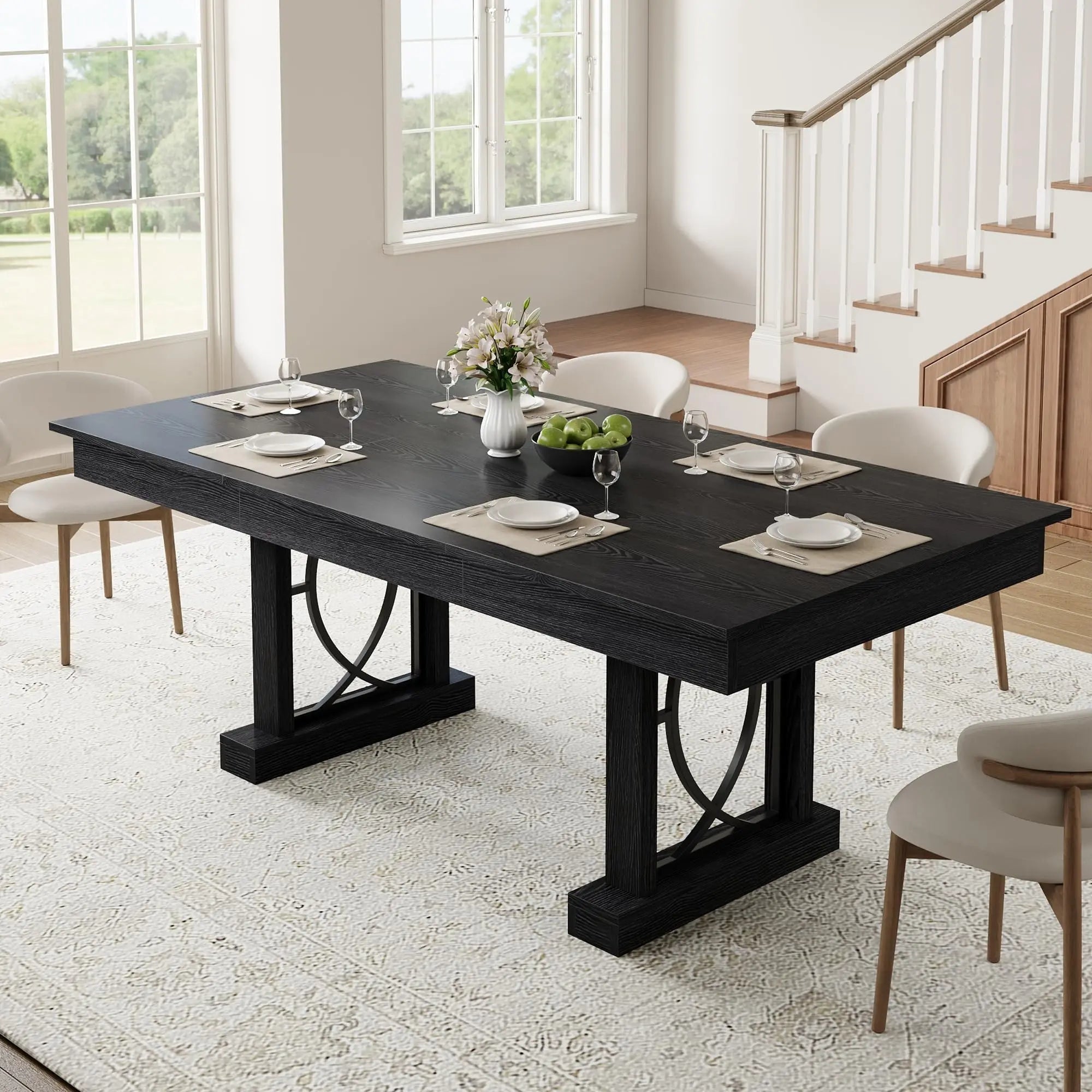 Large 71 Inch Table With 2 Storage Drawers For 6-8, Rustic Wood Kitchen Table, Heavy Duty Base,