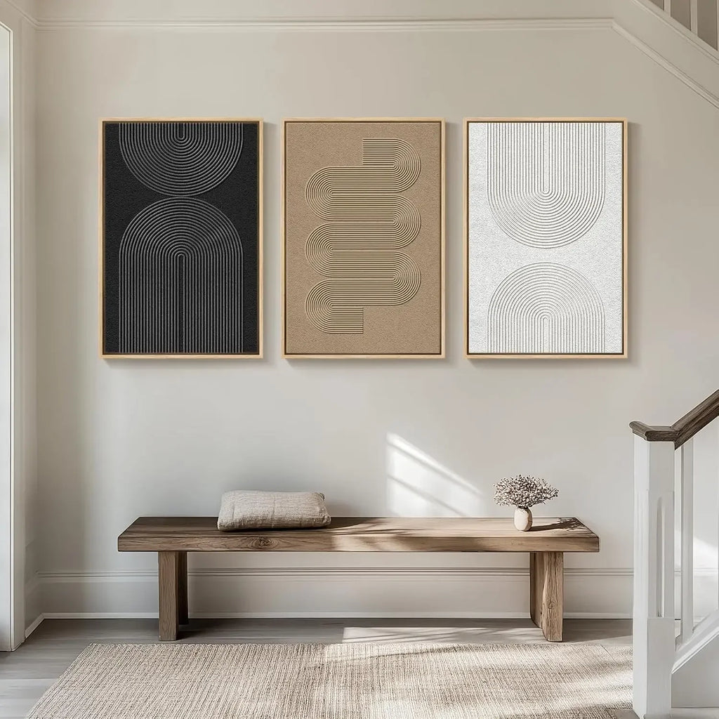 Large Framed Black and White Neutral Abstract Wall Art  3 Piece Boho Canvas Prints