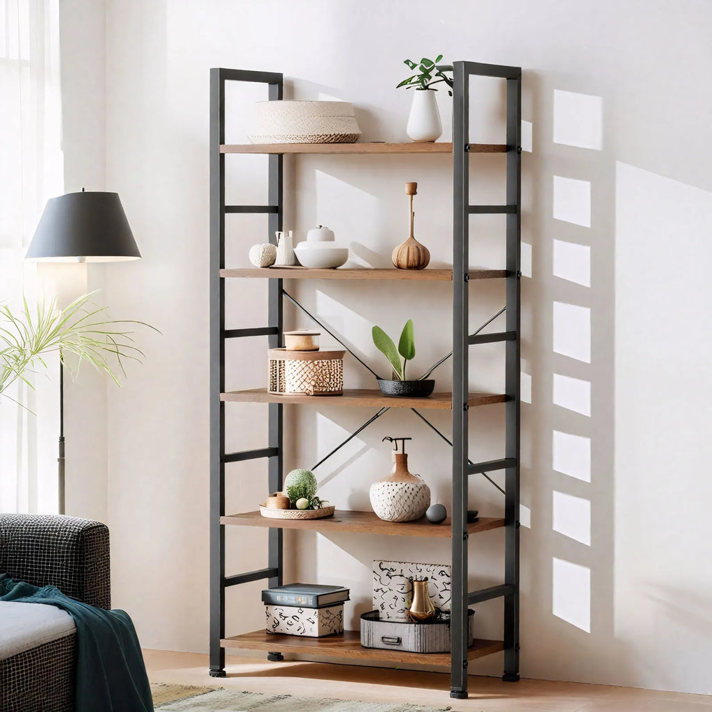 5 Tier Bookshelves,  Shelf Storage Organizer, Free Standing Vintage Style