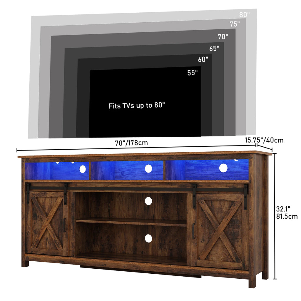 TV Stand Farmhouse Cabinet Rustic Sliding Barn Door Storage Cabinet with Power Outlet & LED Light