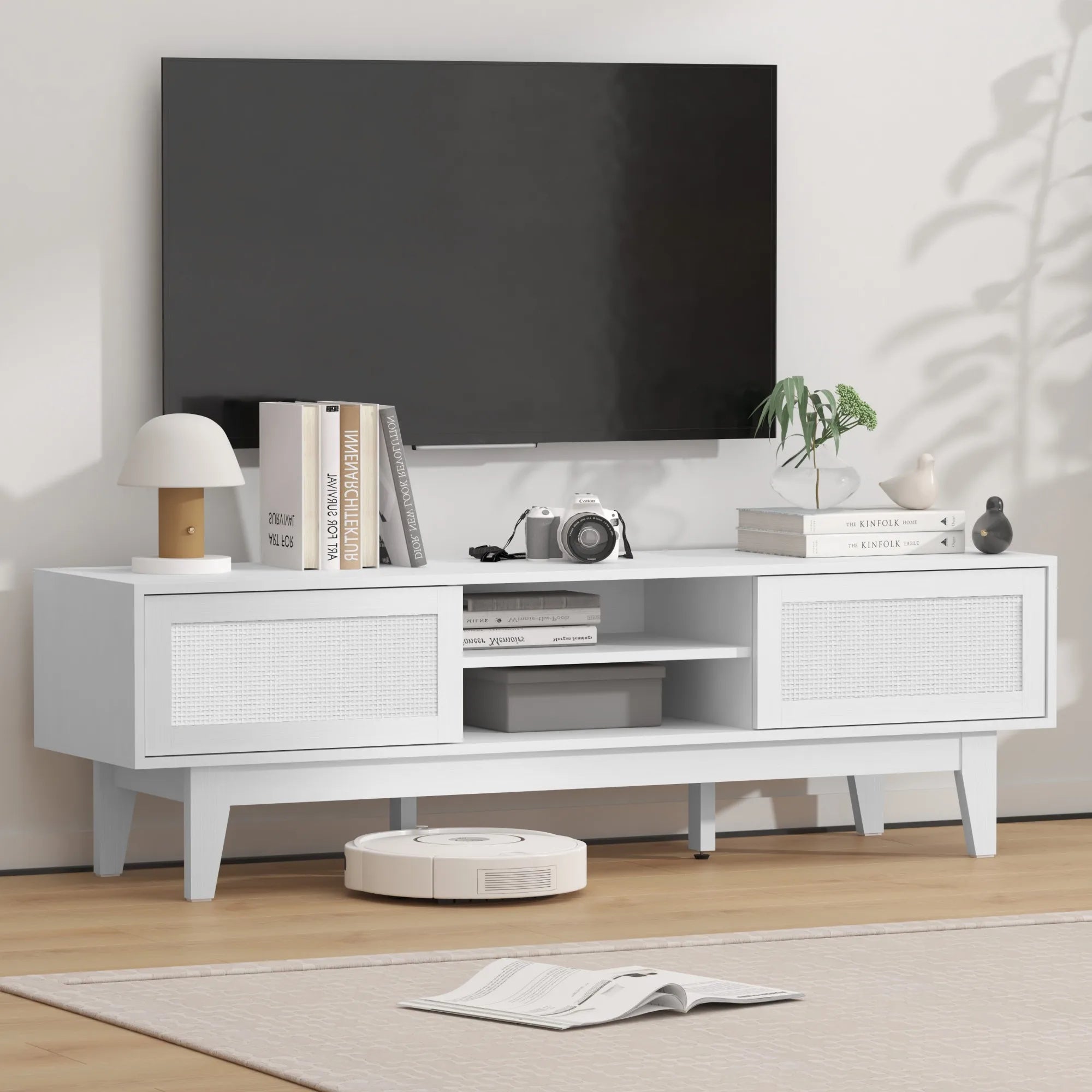 Boho TV Stand for 55 65 Inch TV, Rattan Entertainment Center with Shelves, Cabinets and Sliding Doors, cord holes