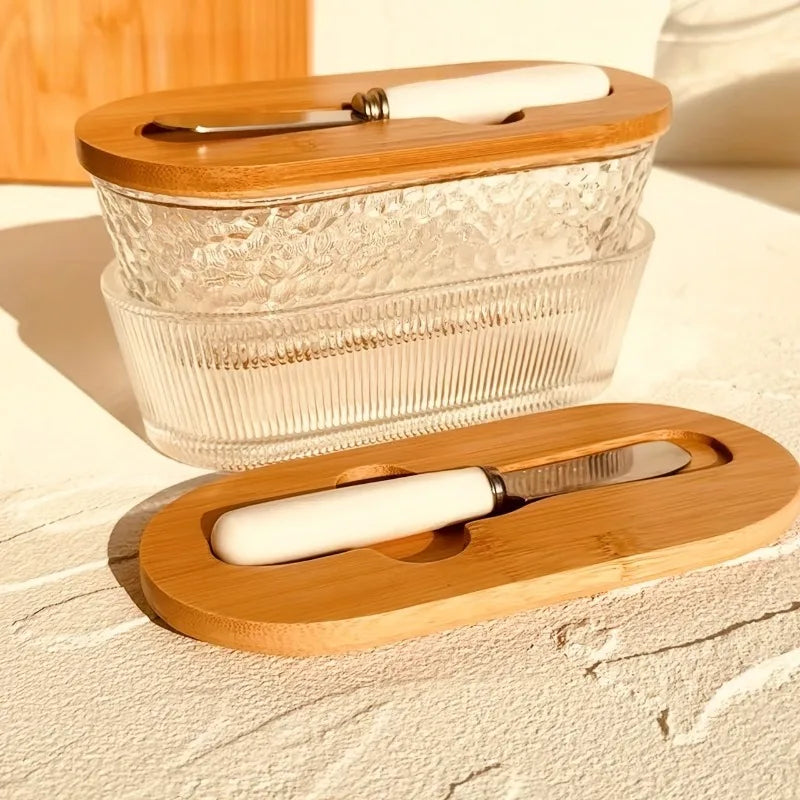 [Glass Butter Dish] 2pcs Set of Dinner Knife and Butter Box Glass Butter Dish with Sealed Lid