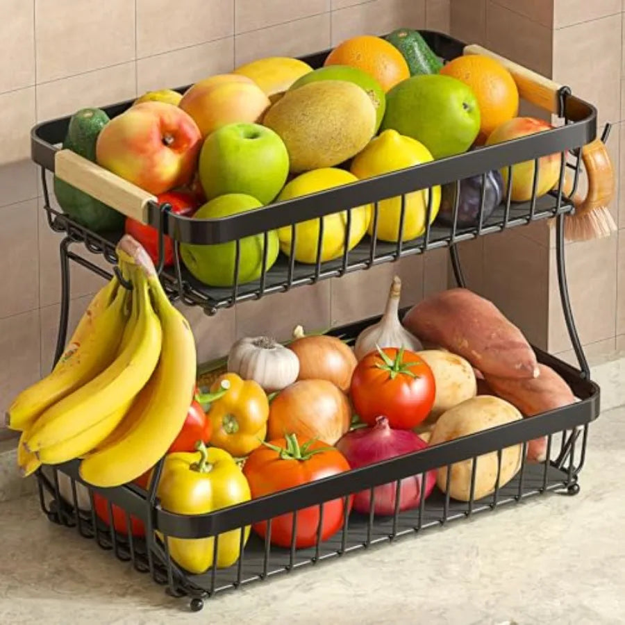 2 Tier Large Metal Fruit Basket for Kitchen Counter with 2 Mobile Banana Hangers Detachable with Wooden Handles