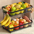 2 Tier Large Metal Fruit Basket for Kitchen Counter with 2 Mobile Banana Hangers Detachable with Wooden Handles
