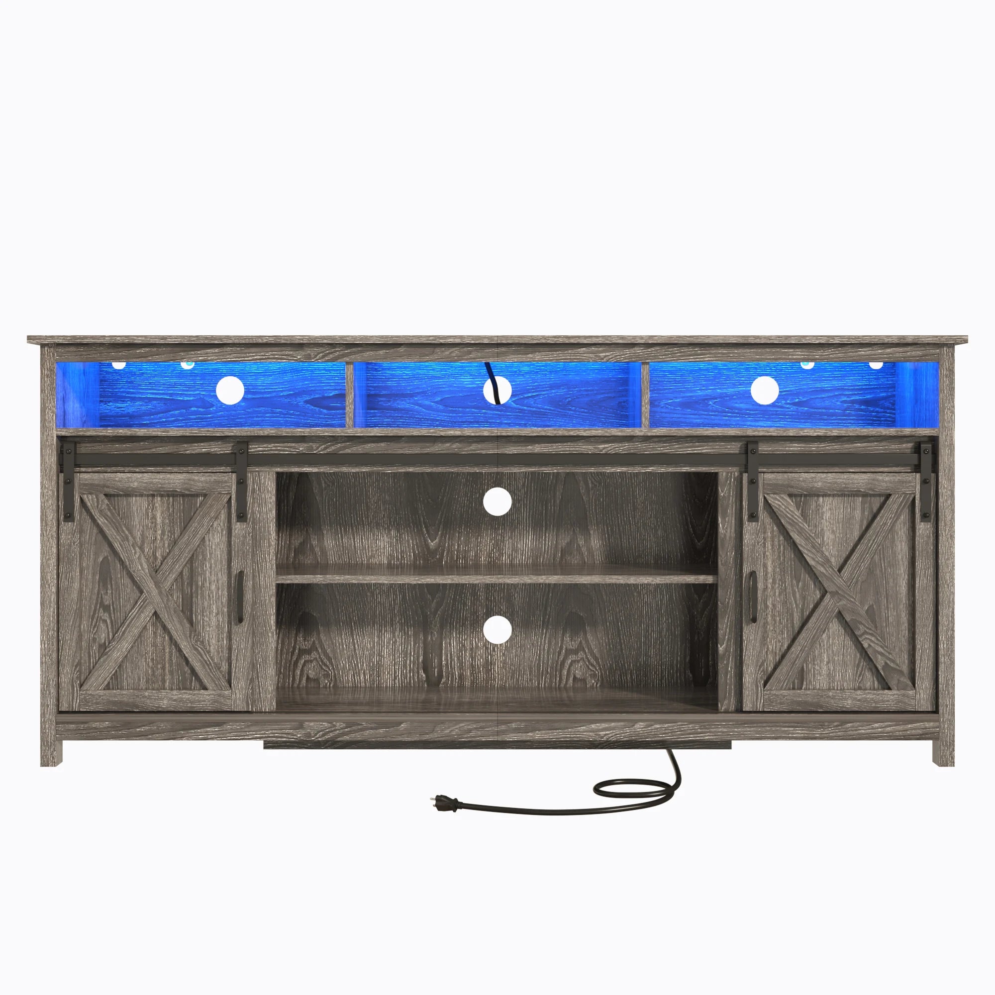 TV Stand Farmhouse Cabinet Rustic Sliding Barn Door Storage Cabinet with Power Outlet & LED Light