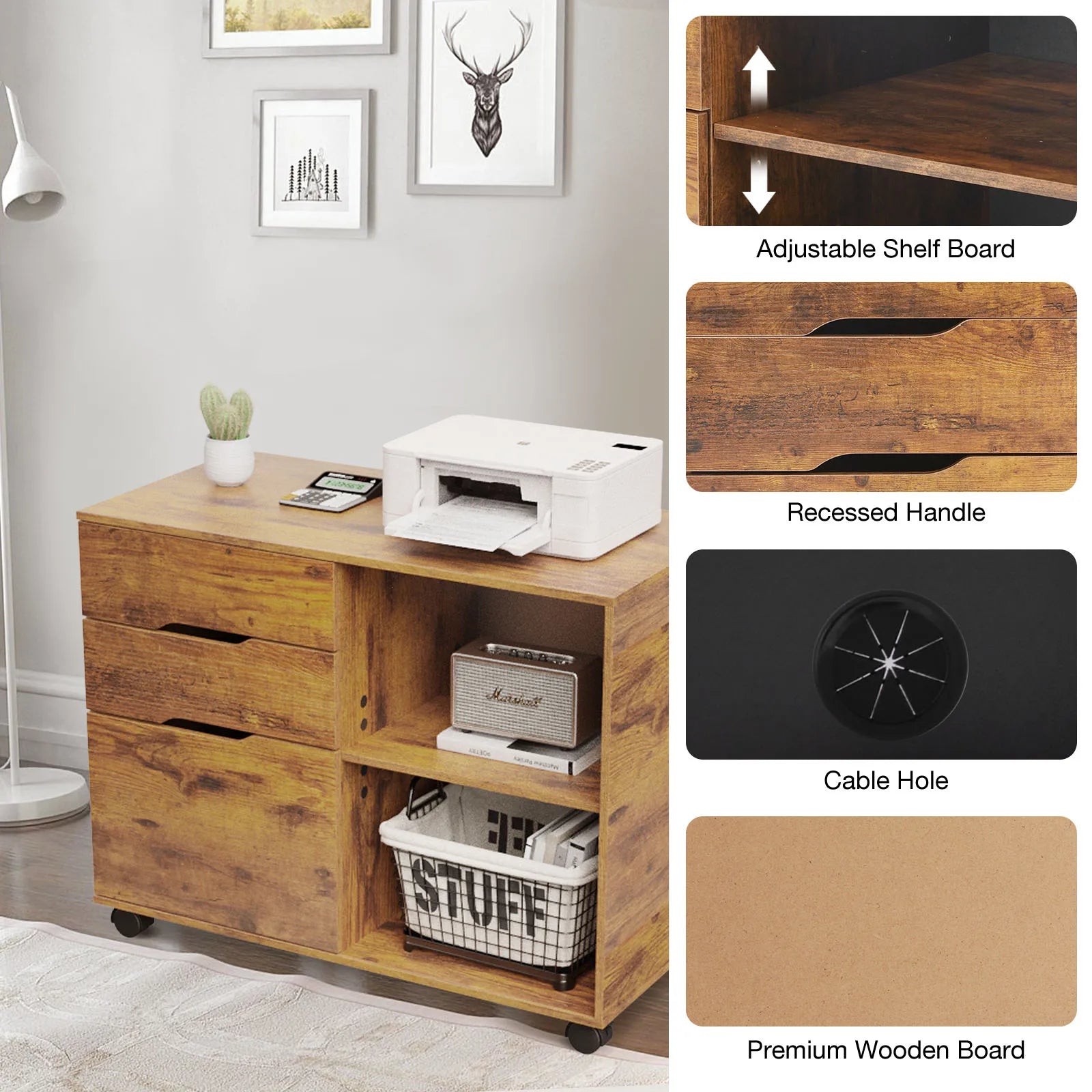 3 Drawers Wooden Mobile Cabinet Chest Dressers wood Storage Cabinet Organizer Rolling Display Furniture