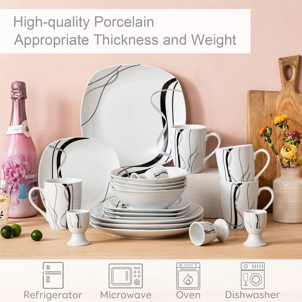 20/40 Piece Black Stripe Porcelain Dinner Kitchen Plate Combi-Set with Egg Cup/Mug/Bowl/Dessert Plate/Dinner Plate