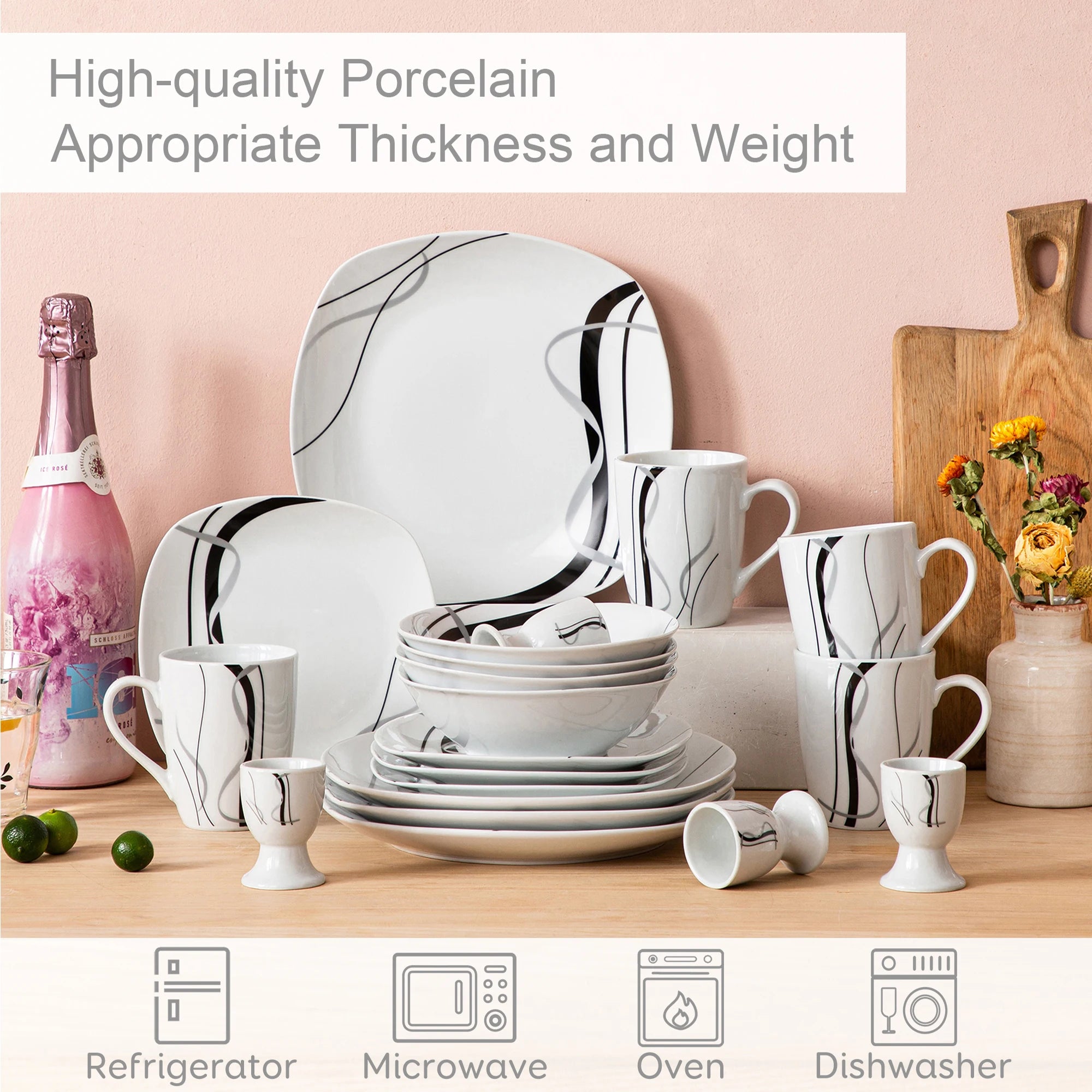 20/40 Piece Black Stripe Porcelain Dinner Kitchen Plate Combi-Set with Egg Cup/Mug/Bowl/Dessert Plate/Dinner Plate
