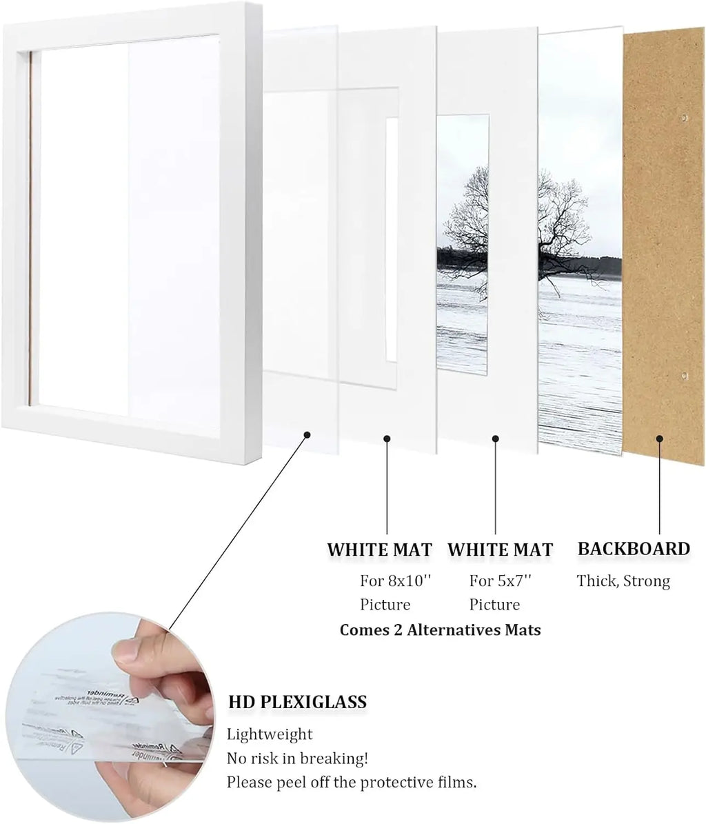 11x14 Picture Frames Set of 4, Solid Wood with Plexiglass, 5x7 and 8x10 with Mat or 11x14 without Mat