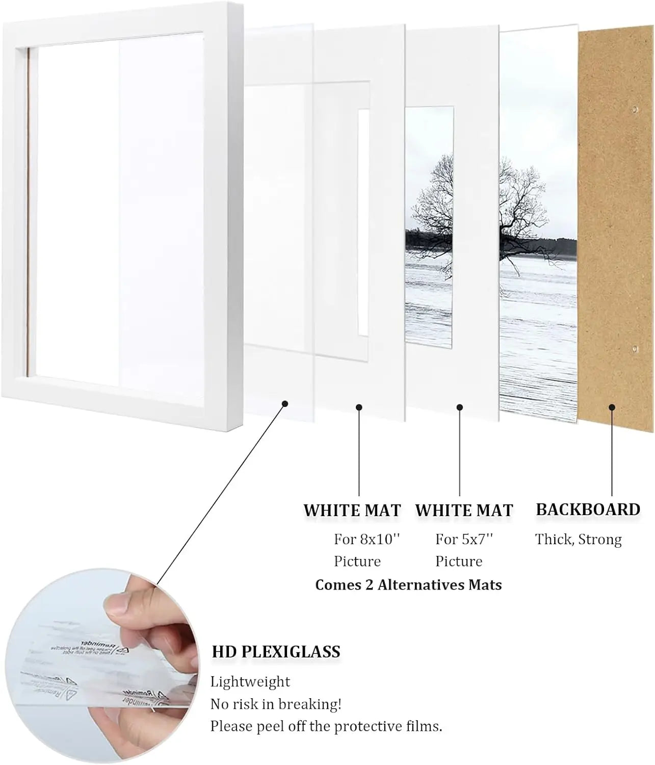 11x14 Picture Frames Set of 4, Solid Wood with Plexiglass, 5x7 and 8x10 with Mat or 11x14 without Mat