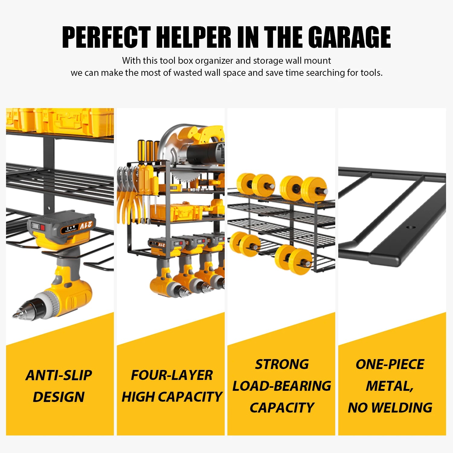 Power 8 Tool Storage Rack 4 Layers Organizer- Floating Shelf Wall Mount Heavy Duty Iron Drill Holder for Basement Workbench