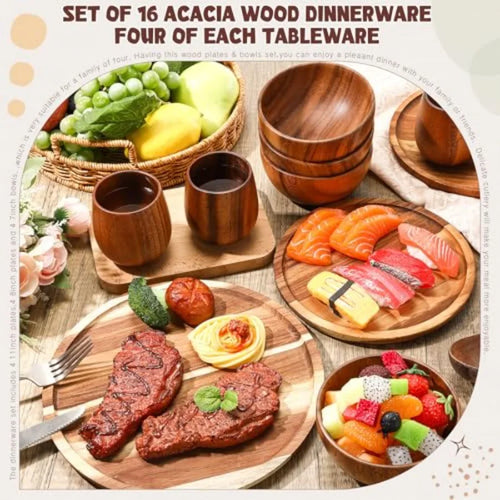 16 Pcs Acacia Wood Dinnerware Set Round Wooden Plates Solid Wooden Bowls and Cups