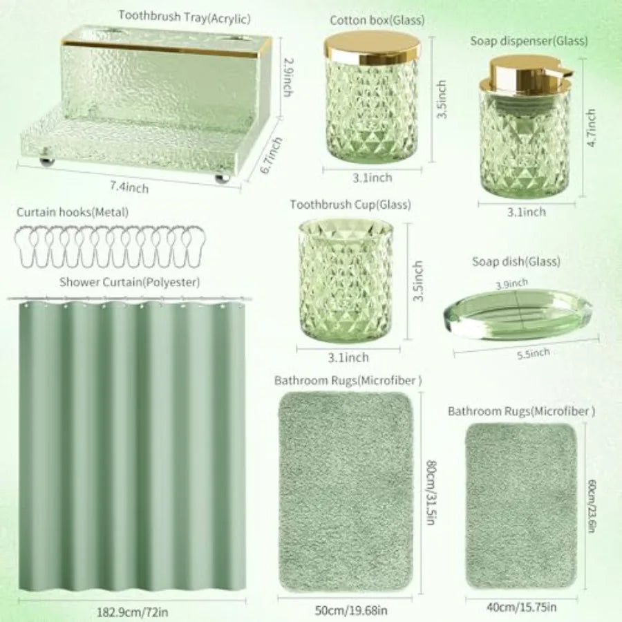 20PCS Glass Vanity set with Shower Curtain and Rugs