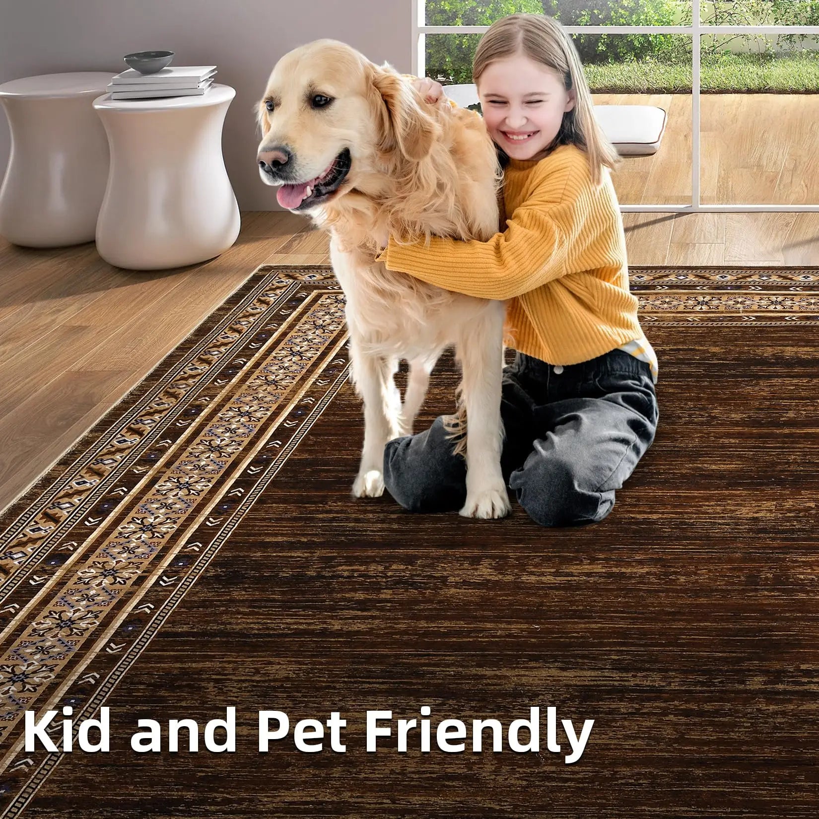 Area Rug 8x10 Washable Rug Brown Modern  Soft Non Slip Throw Carpet Low Pile Bordered  Foldable Thin Rugs