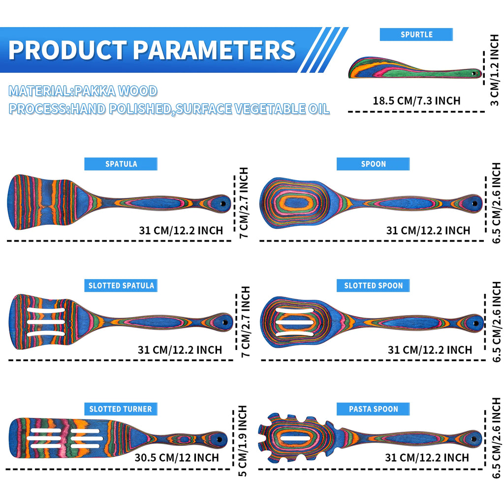 7Pcs Blue Pakkawood Wooden Cooking Utensils,