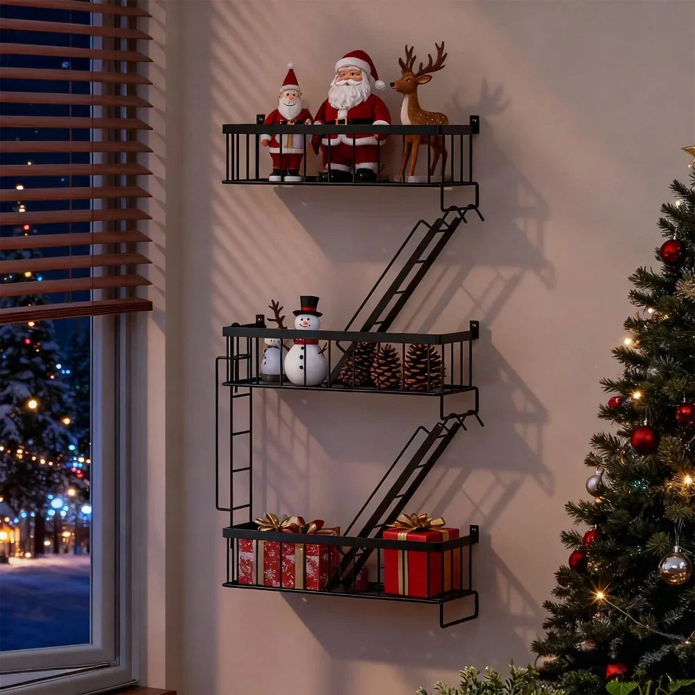 Tier Fire Escape Wall Shelf, Wall Art Ladder Shelf, Black Metal Shelves