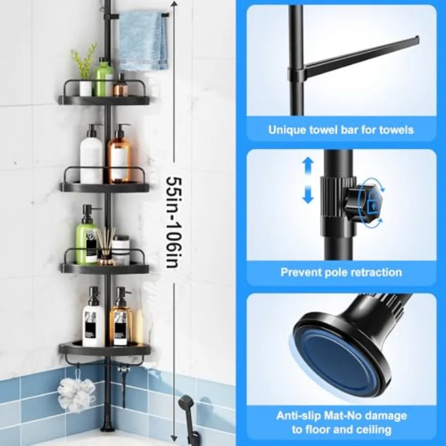 Corner Shower Caddy Tension Pole: Adjustable Stainless Steel  4 Tier Shelf