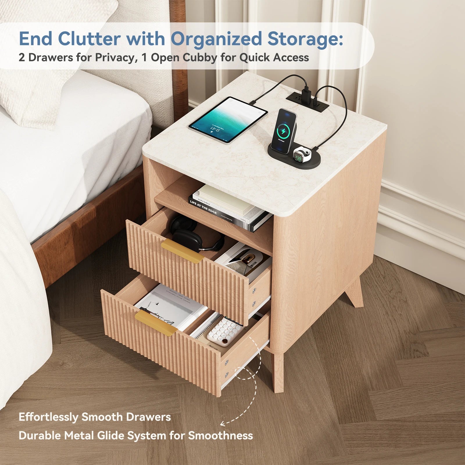 18IN 2 Drawers Wooden Nightstand with Charging Station Bedside Table with with Faux Marble Top Mid-Century Modern