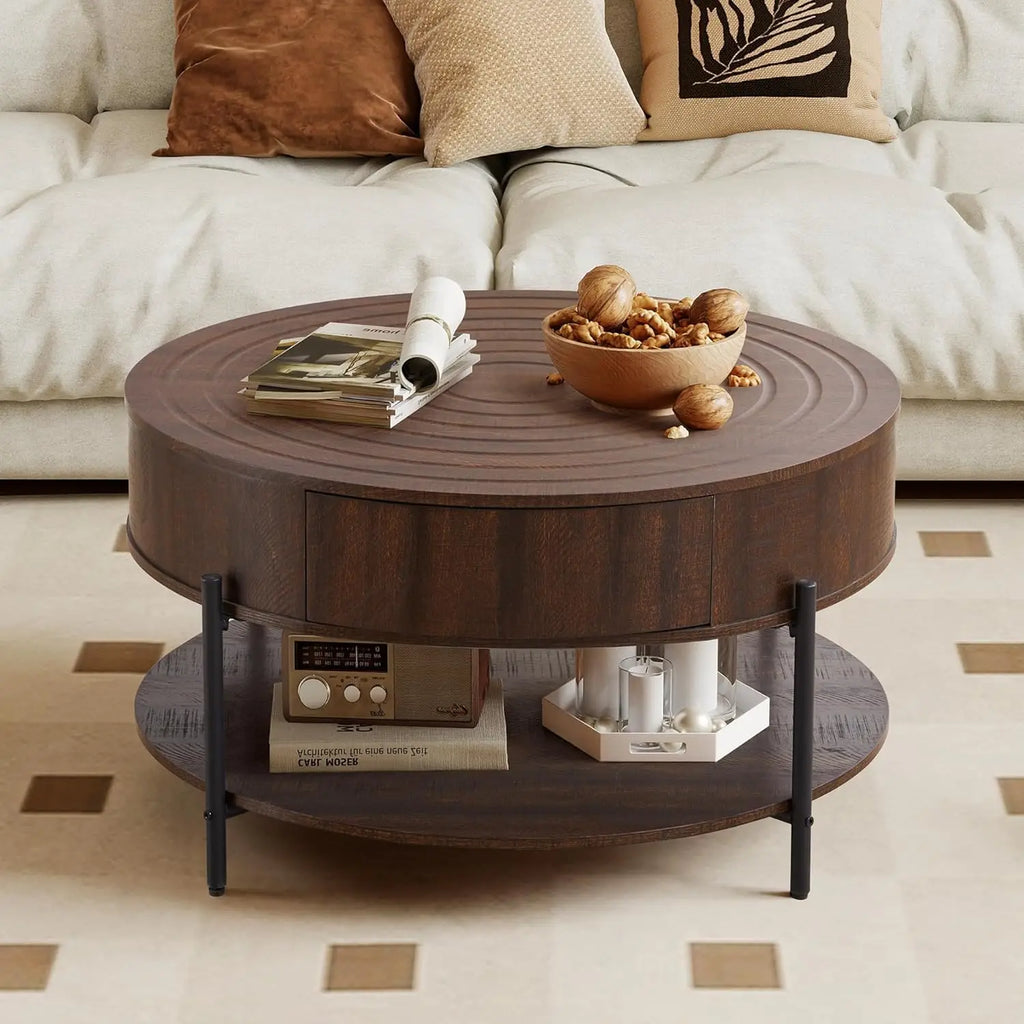 2-Tier Rustic Circle Table with Storage Shelf