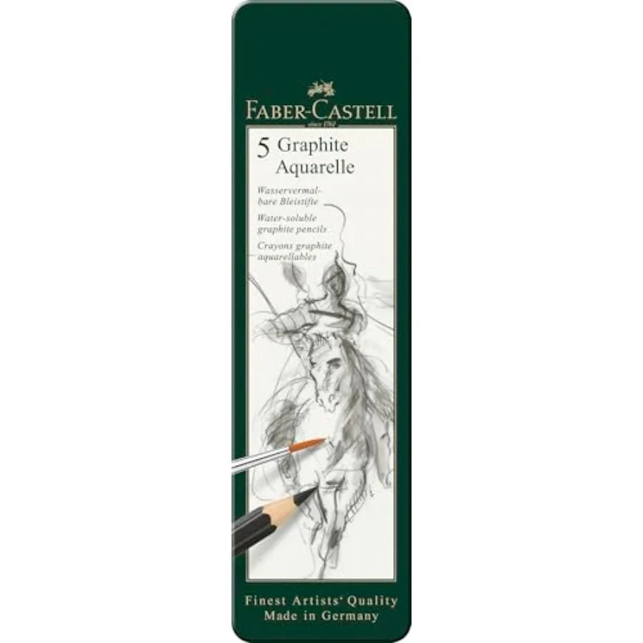 5 Piece Quality Water-Soluble Graphite Aquarelle Pencils in a Tin, Including HB, 2B, 4B, 6B and 8B, Grey