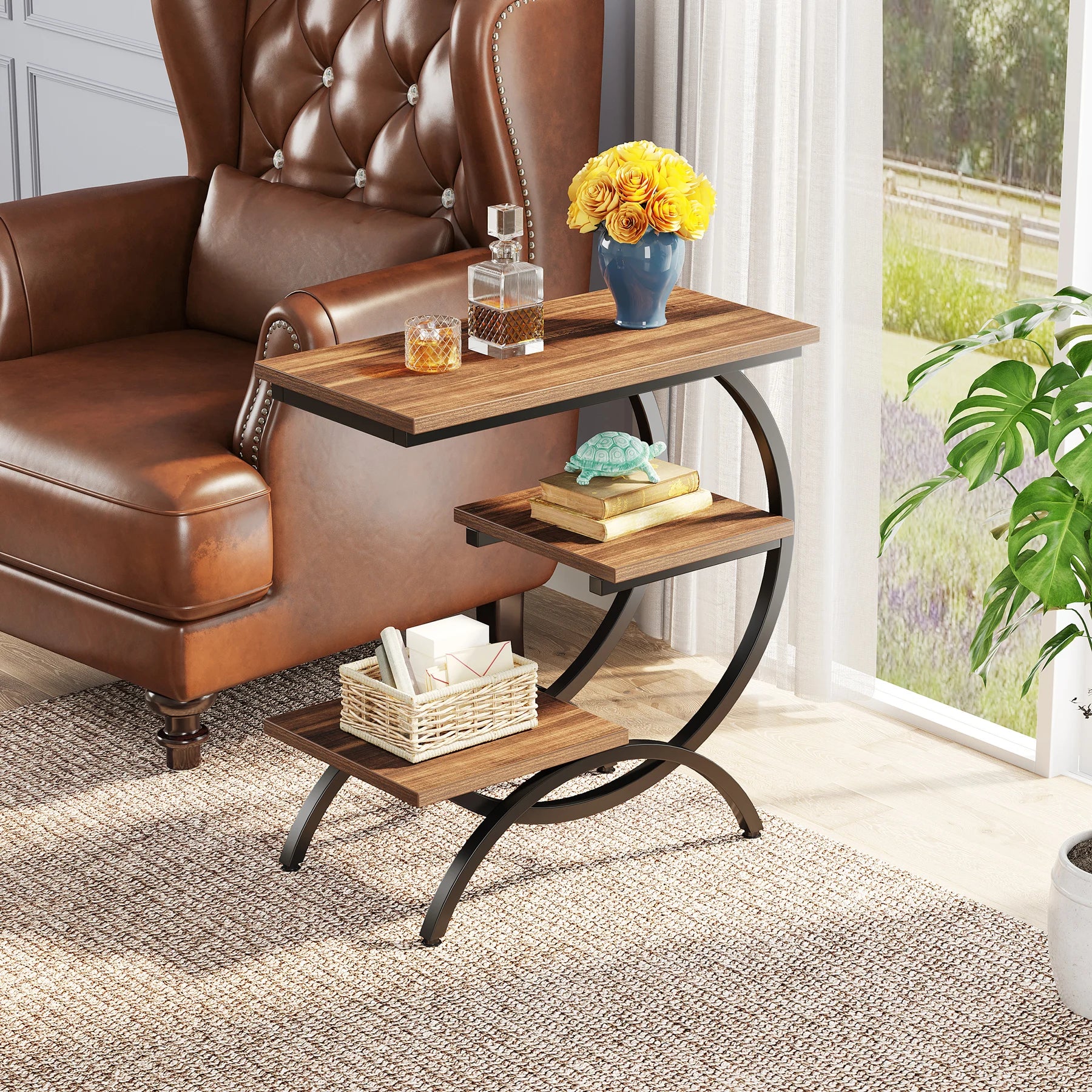 C-Shaped End Table, Industrial 3-Tier Small Table Wood with Storage Shelves