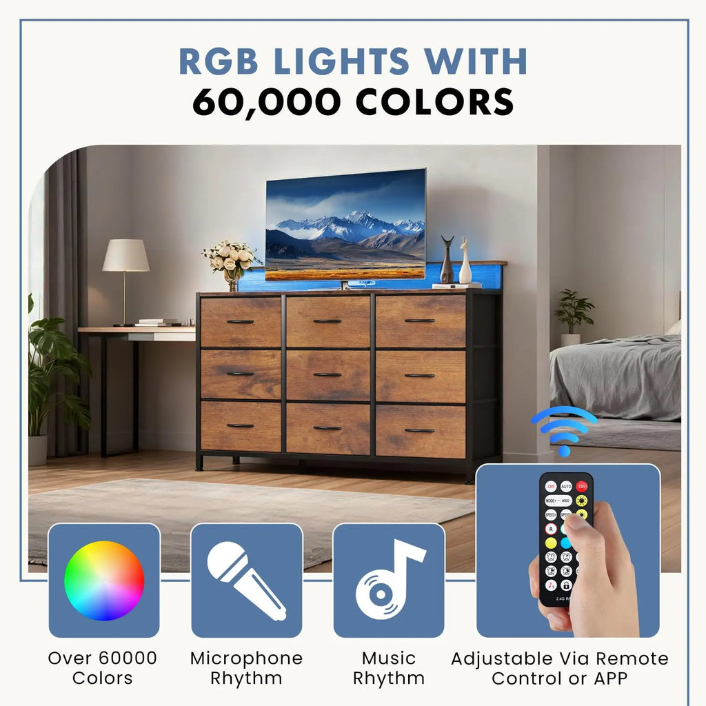 TV Stand Dresser with 9 Fabric Drawers Wood Top Media Console for 32-52 inch TV Stand with Storage