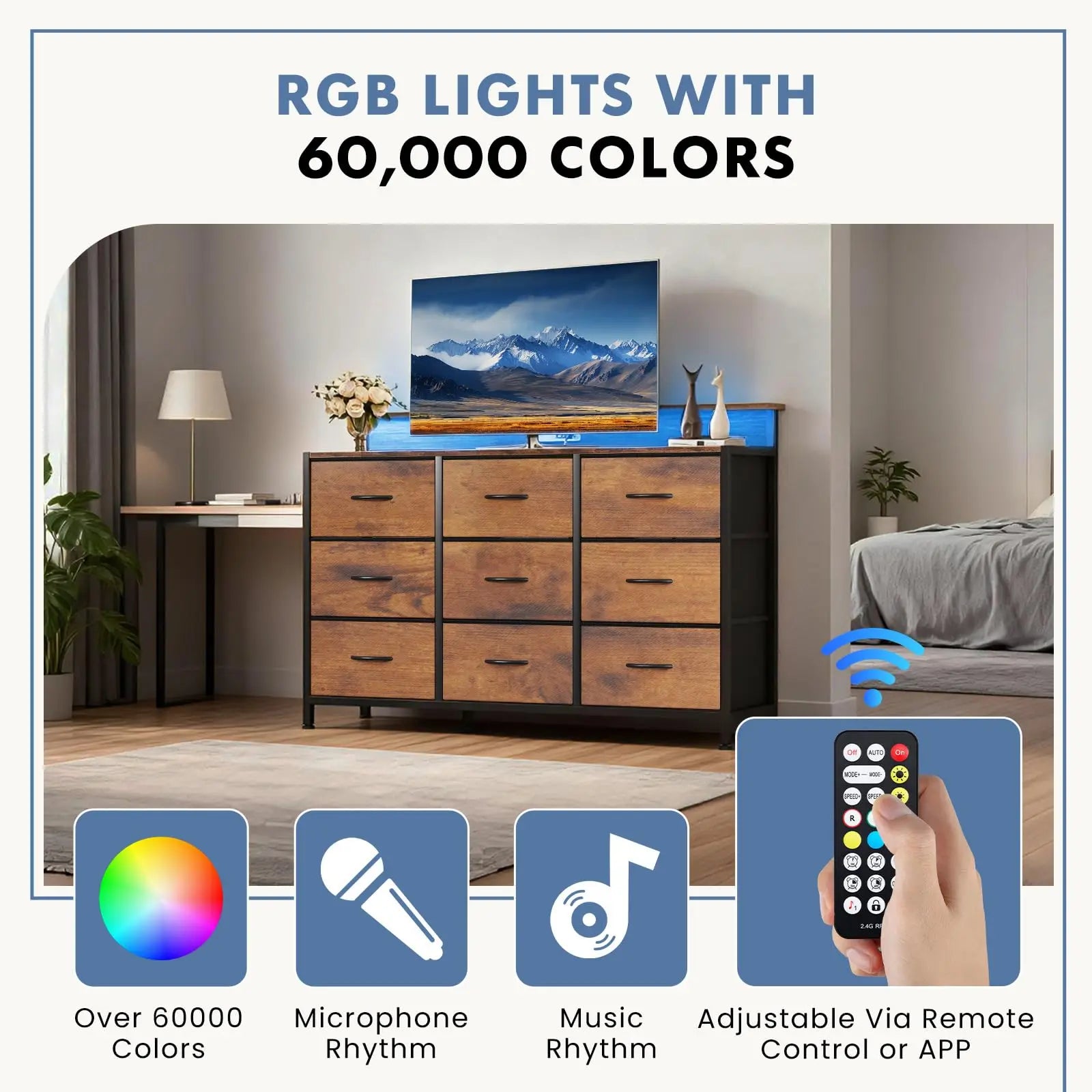 TV Stand Dresser with 9 Fabric Drawers Wood Top Media Console for 32-52 inch TV Stand with Storage