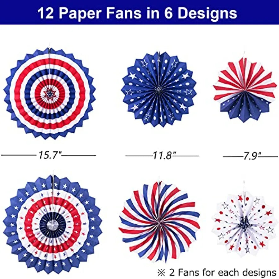4th of July Patriotic Decorations - 12Pcs Hanging Paper Fan for USA Patriotic