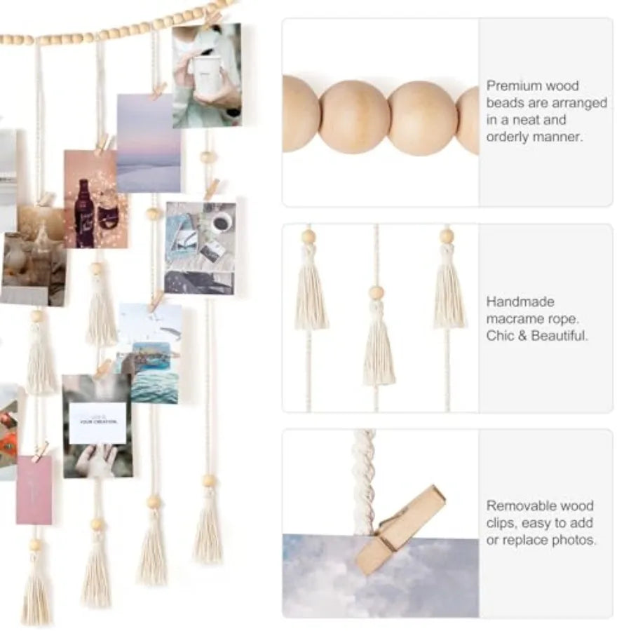 Macrame Hanging Photo Display Wall Decor with String Lights Boho Room Bedroom Wooden Beads Garland Picture