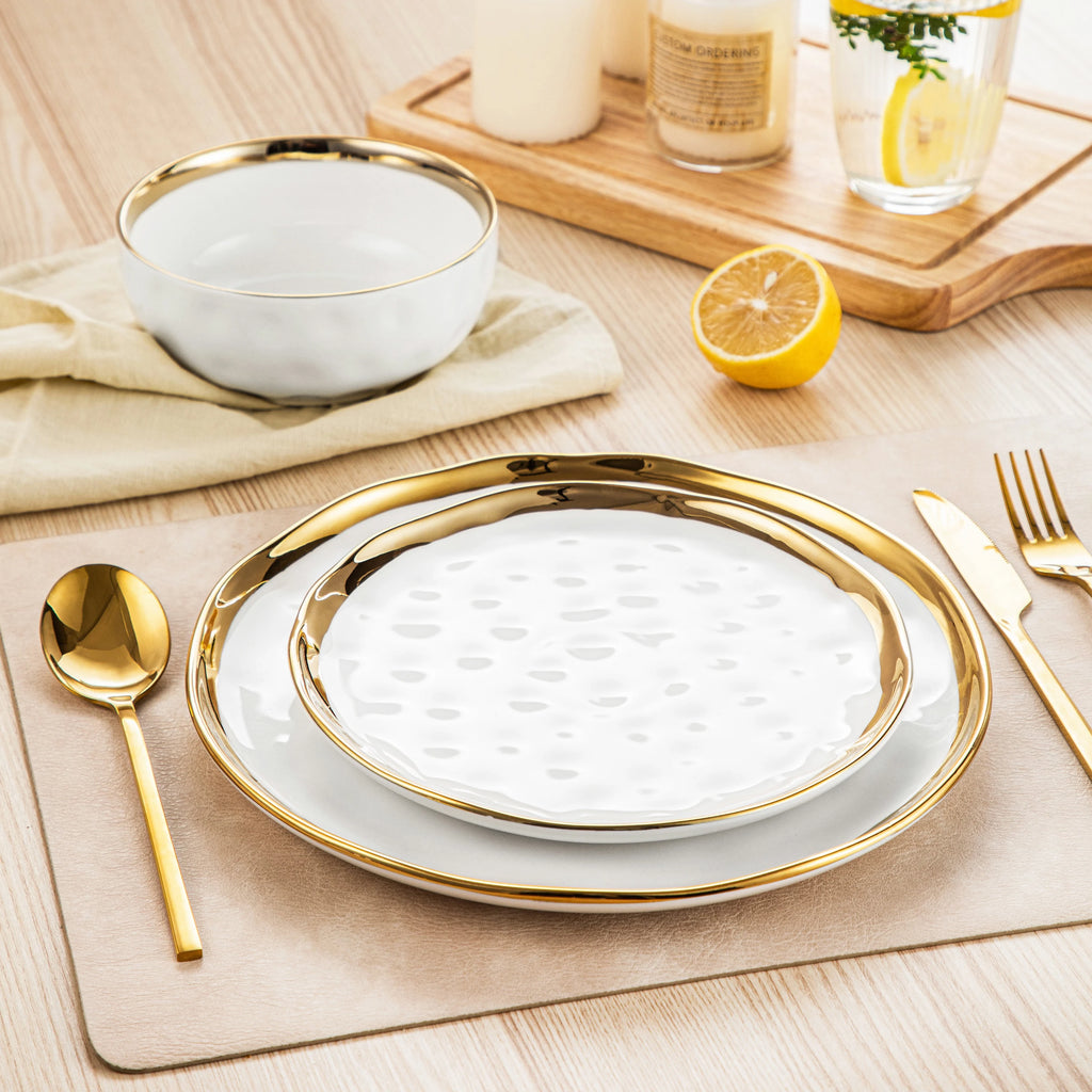12/24 Piece Ceramic Porcelain White and Golden Rim Dinnerware Sets With 4/8 PCS Dinner Plate/Dessert/Cereal Bowl for 4