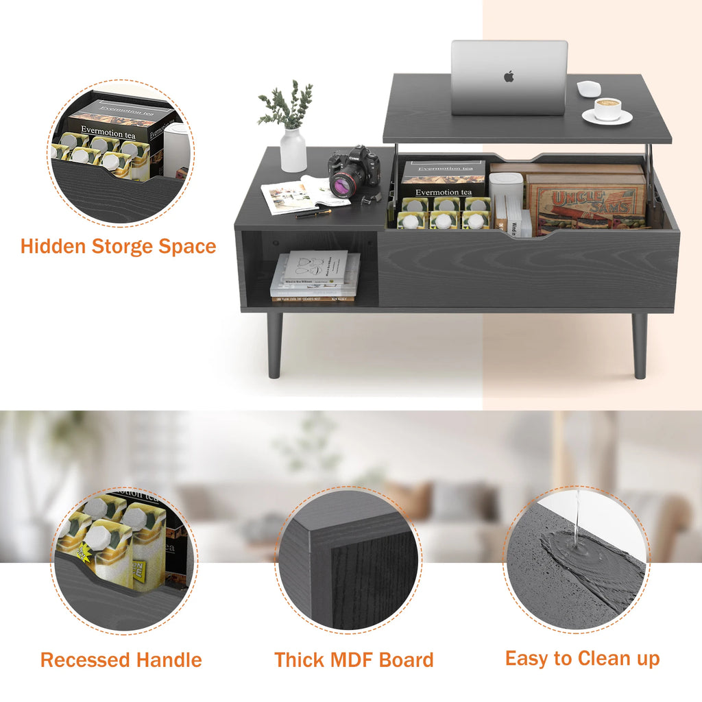 Lift Top Table 39.37"x19.7" Desk Tea Wood  Adjustable Storage Shelf Easy Lift Or Lower