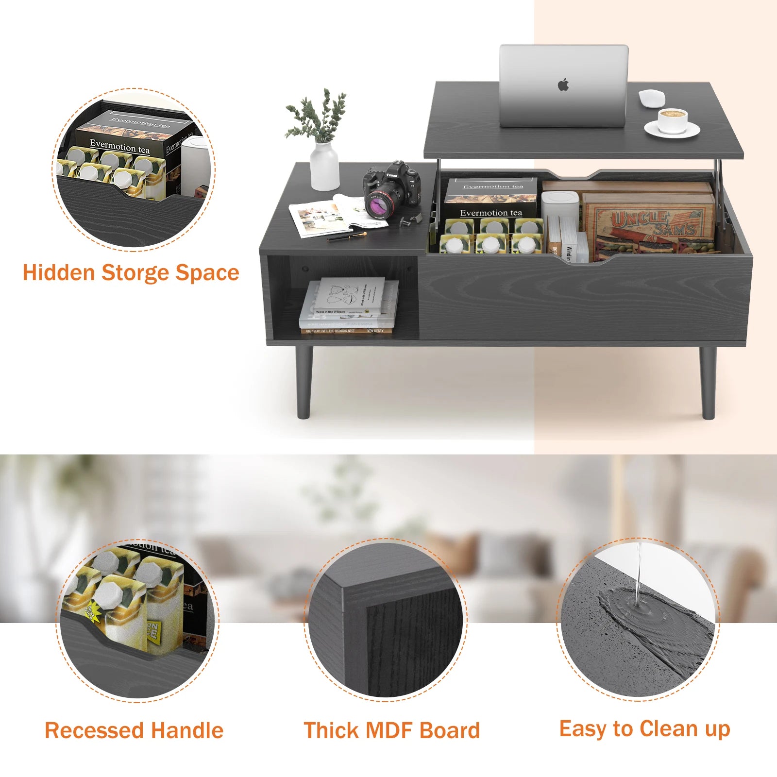 Lift Top Table 39.37"x19.7" Desk Tea Wood  Adjustable Storage Shelf Easy Lift Or Lower