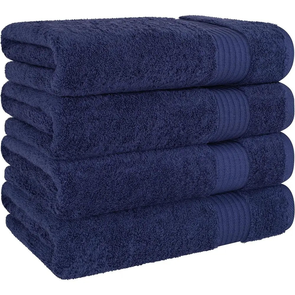 4-Piece Navy Blue Cotton Extra Large Plush Bath Towel Set cotton