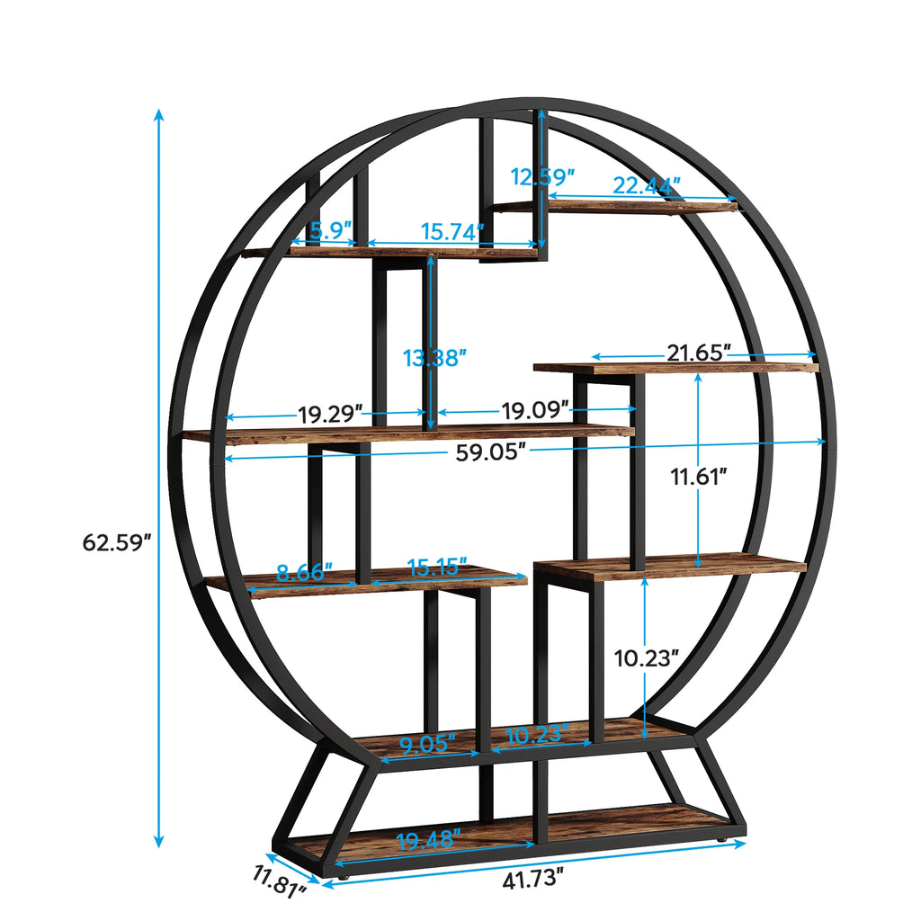 Round Bookshelves Etagere Bookcase, 63-Inch Industrial Wood Book Shelf with Staggered Shelves