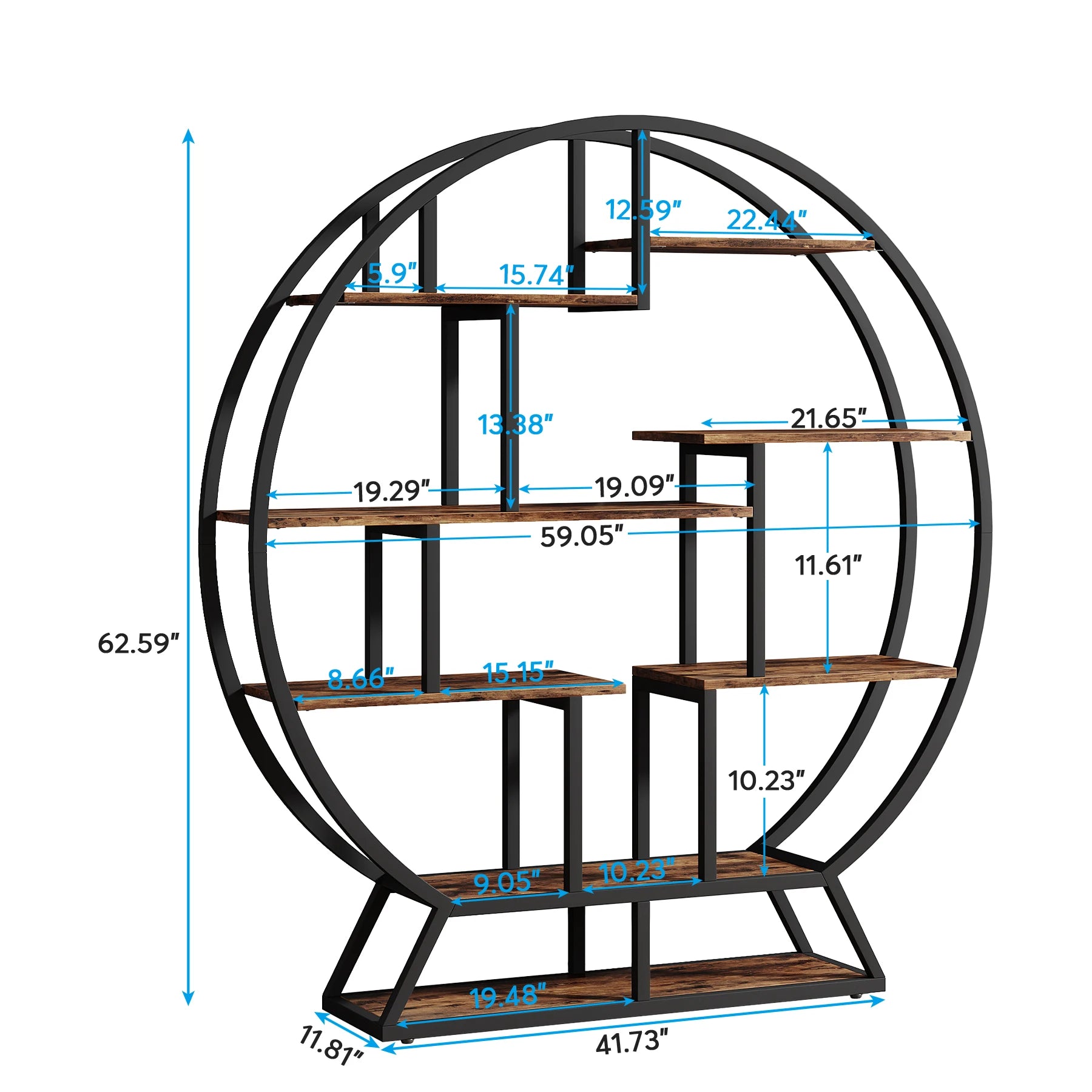 Round Bookshelves Etagere Bookcase, 63-Inch Industrial Wood Book Shelf with Staggered Shelves