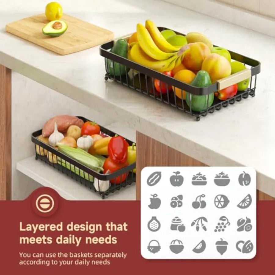 2 Tier Large Metal Fruit Basket for Kitchen Counter with 2 Mobile Banana Hangers Detachable with Wooden Handles