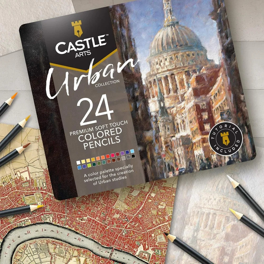 24 Premium Colored Pencils in Tin Box, Smooth Pigmented Cores for Cityscape Art