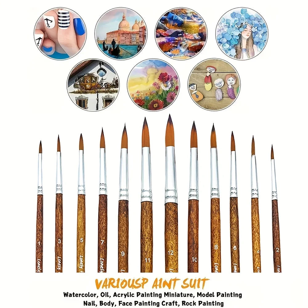 12pcs Premium Artist Synthetic Nylon Paint Brush Set  Round Pointed Tips for Acrylic, Watercolor, Oil & Gouache