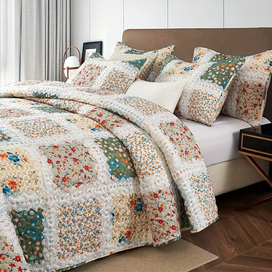 2/3pcs Quilt Set Queen King Twin Full Size Lightweight Floral Patchwork Comforter Bedding Set, Pillow Shams