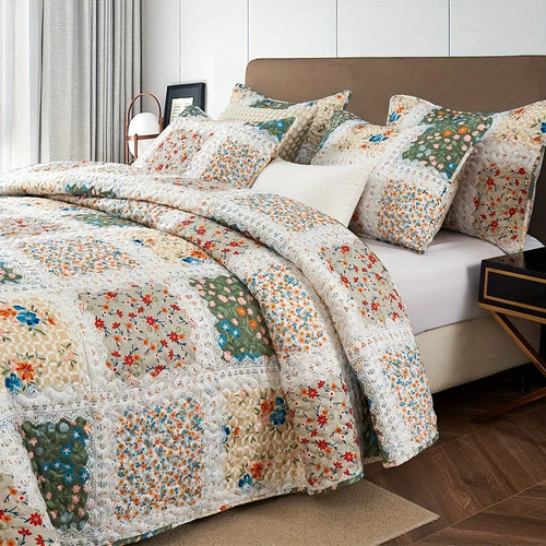 2/3pcs Quilt Set Queen King Twin Full Size Lightweight Floral Patchwork Comforter Bedding Set, Pillow Shams