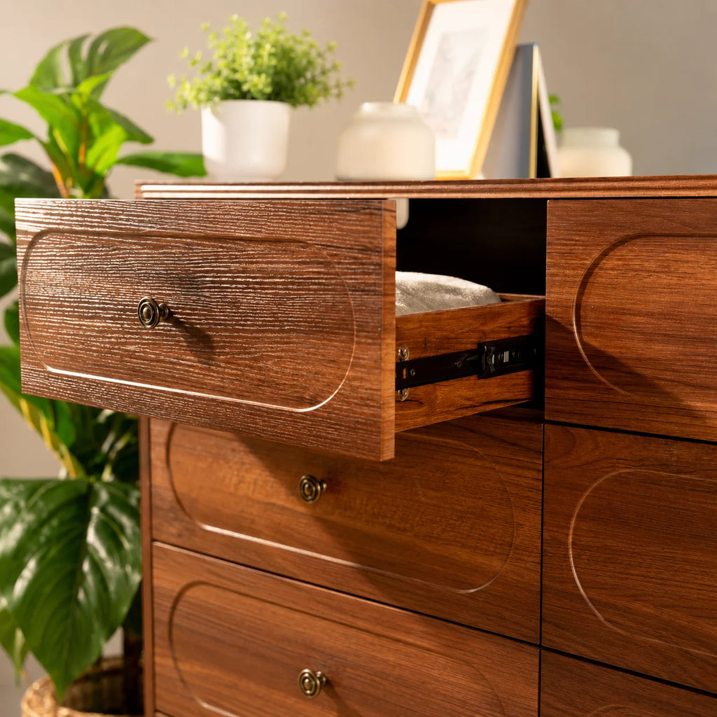 Stylish Mid-Century Modern 6-Drawer Dresser – 47” Wide Dark Walnut Wood Chest with Solid Legs