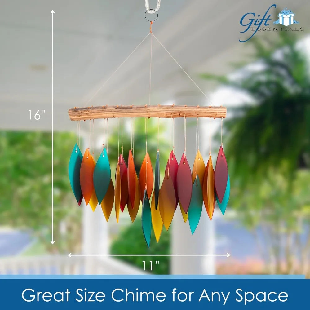 Handcrafted Sandblasted Glass Leaves Wind Chime | Southwestern Teal, Terracotta, Mustard, Burgundy | Driftwood Top